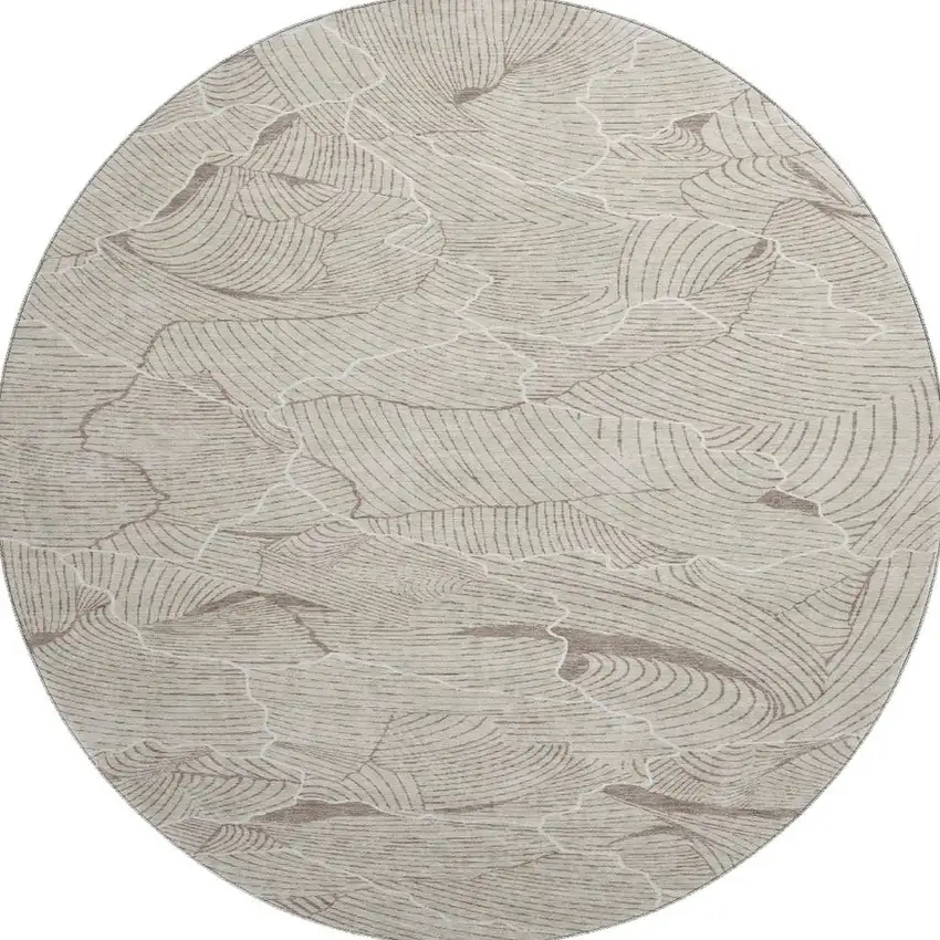 8' Beige Taupe And Ivory Abstract Washable Round Rug With UV Protection Photo 3