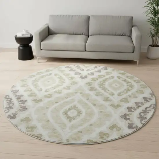 8' Beige Taupe And Ivory Diamond Washable Round Rug With UV Protection Photo 2