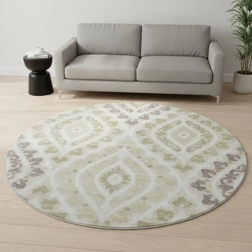8' Beige Taupe And Ivory Diamond Washable Round Rug With UV Protection Photo 2