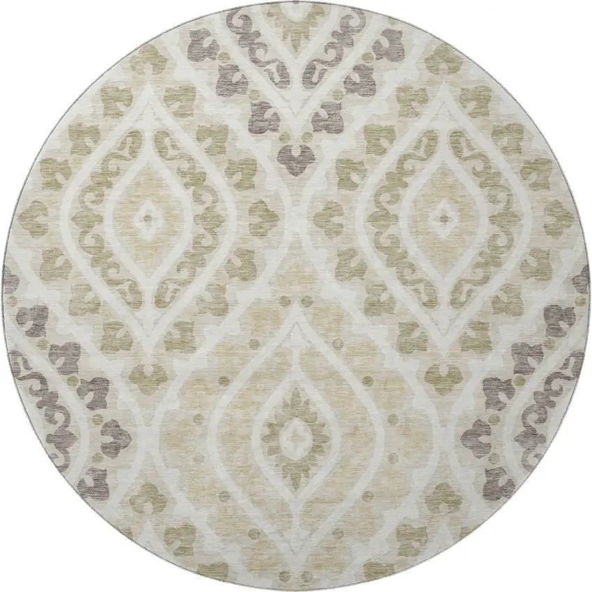 8' Beige Taupe And Ivory Diamond Washable Round Rug With UV Protection Photo 3