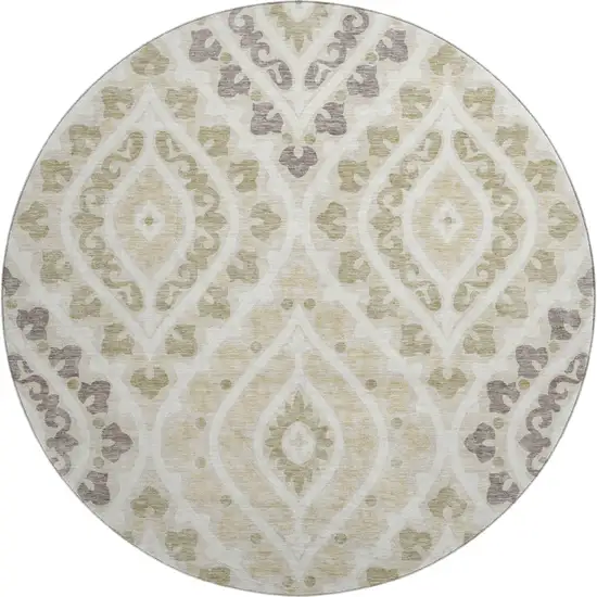 8' Beige Taupe And Ivory Diamond Washable Round Rug With UV Protection Photo 1