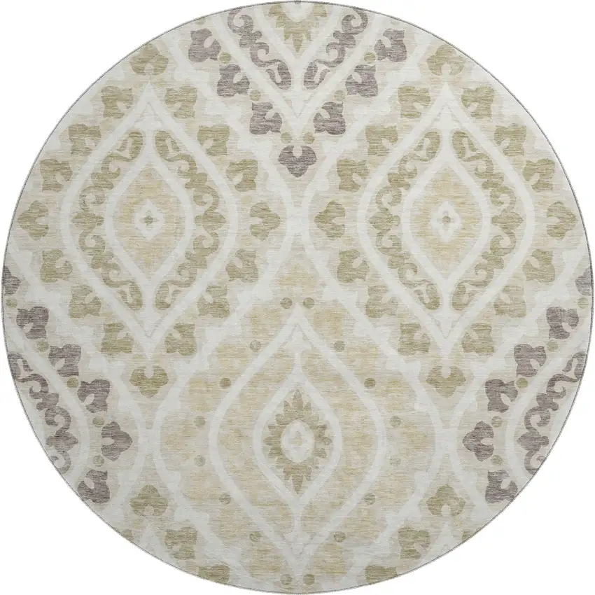 8' Beige Taupe And Ivory Diamond Washable Round Rug With UV Protection Photo 1