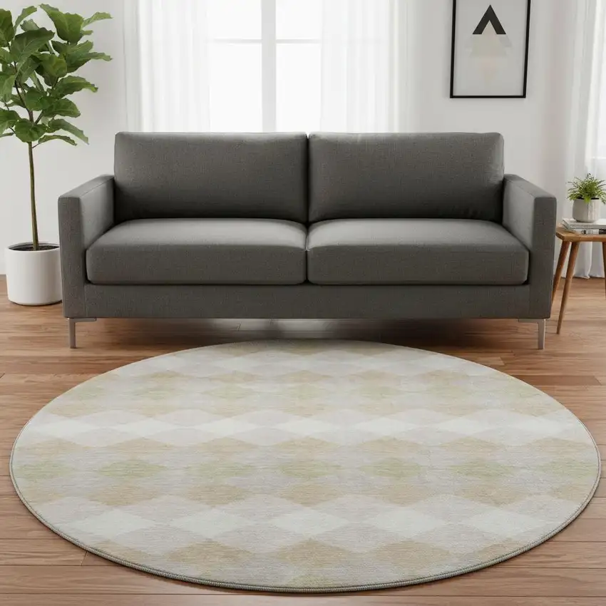 8' Beige Taupe And Ivory Geometric Washable Round Rug With UV Protection Photo 2