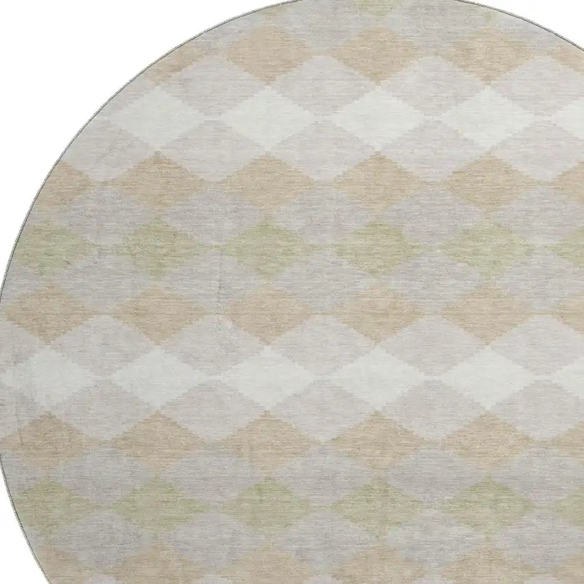 8' Beige Taupe And Ivory Geometric Washable Round Rug With UV Protection Photo 2