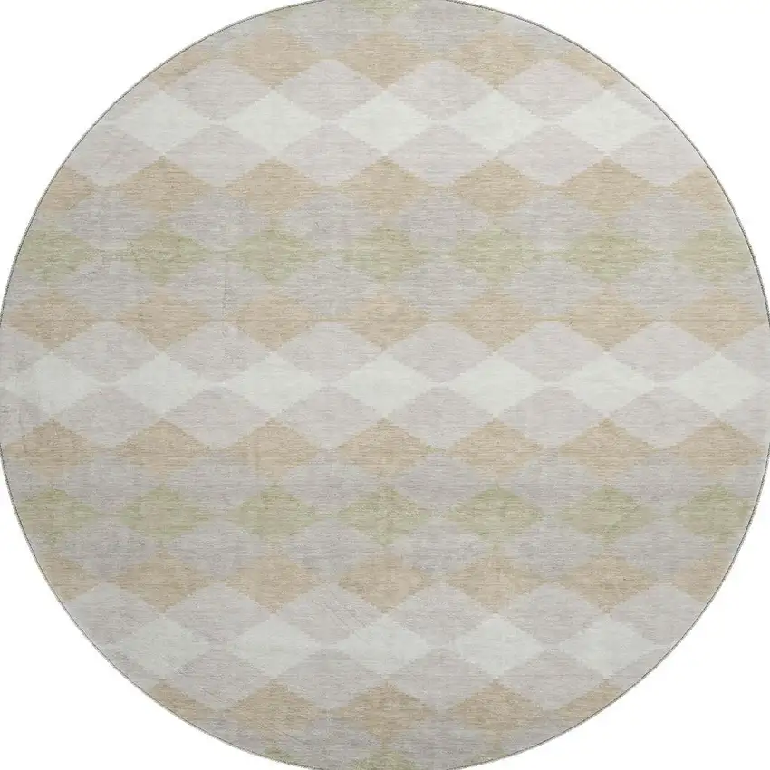 8' Beige Taupe And Ivory Geometric Washable Round Rug With UV Protection Photo 3