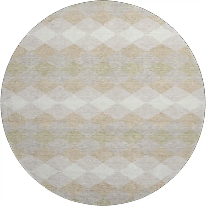 8' Beige Taupe And Ivory Geometric Washable Round Rug With UV Protection Photo 1