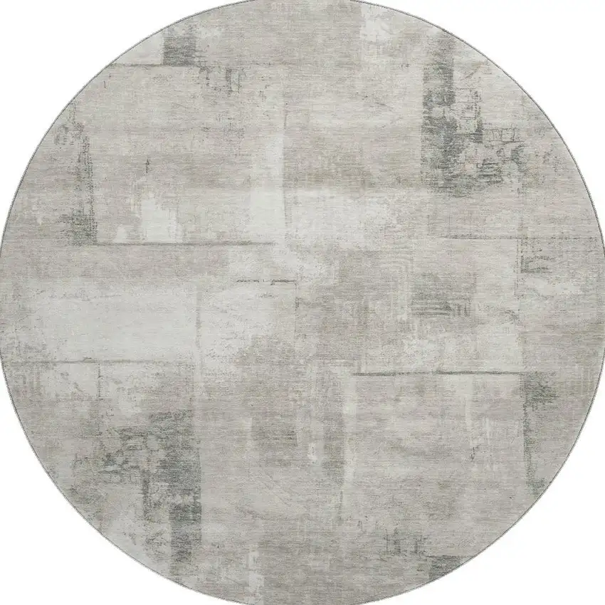 8' Beige Taupe And Ivory Geometric Washable Round Rug With UV Protection Photo 2