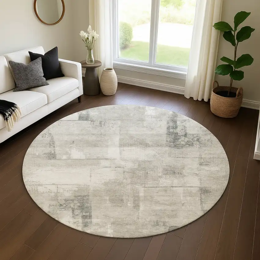 8' Beige Taupe And Ivory Geometric Washable Round Rug With UV Protection Photo 4