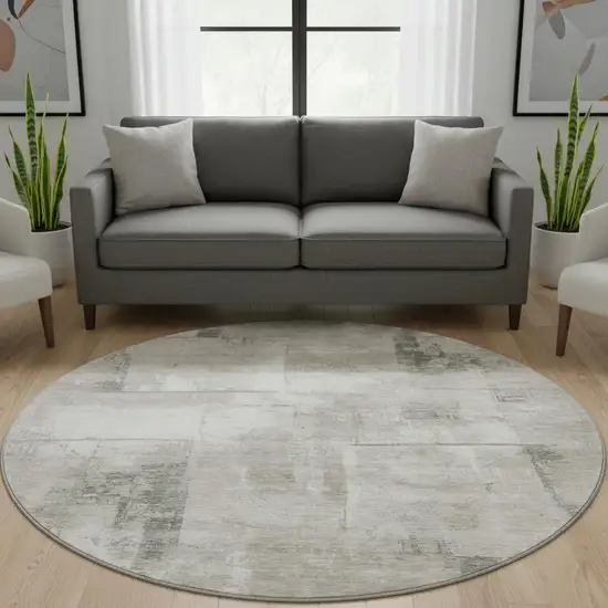 8' Beige Taupe And Ivory Geometric Washable Round Rug With UV Protection Photo 2