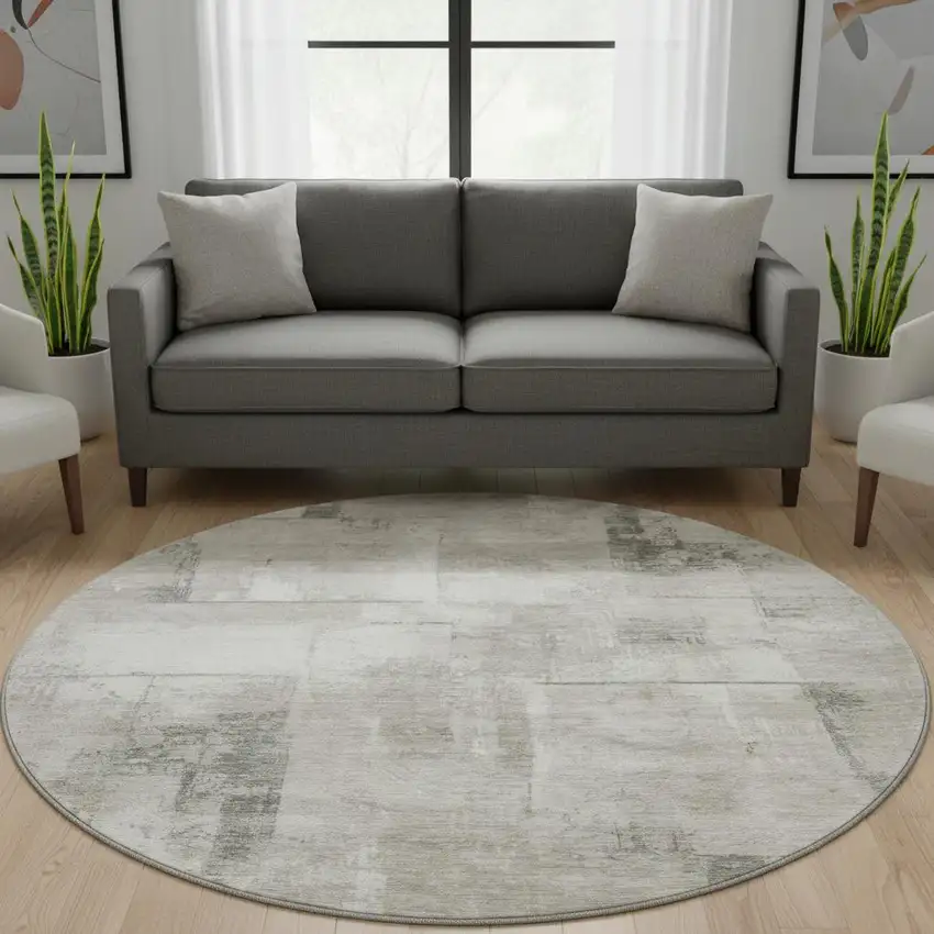 8' Beige Taupe And Ivory Geometric Washable Round Rug With UV Protection Photo 2