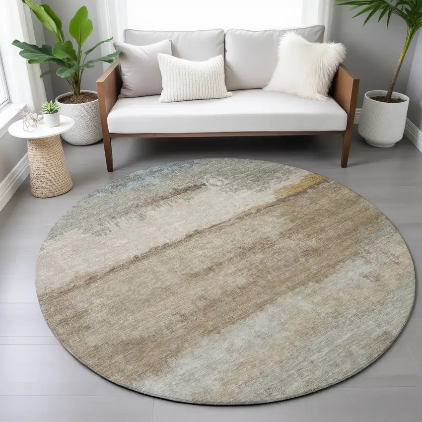 8' Beige Taupe And Ivory Round Abstract Washable Indoor Outdoor Area Rug Photo 8