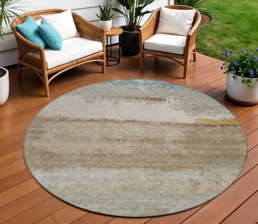 8' Beige Taupe And Ivory Round Abstract Washable Indoor Outdoor Area Rug Photo 2