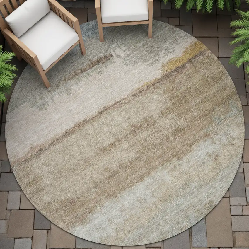 8' Beige Taupe And Ivory Round Abstract Washable Indoor Outdoor Area Rug Photo 6