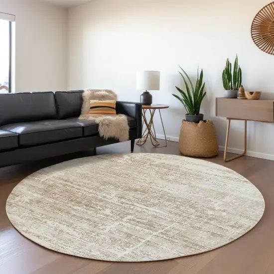 8' Beige Taupe And Ivory Round Abstract Washable Indoor Outdoor Area Rug Photo 7