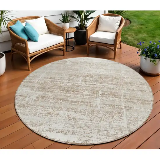 8' Beige Taupe And Ivory Round Abstract Washable Indoor Outdoor Area Rug Photo 1