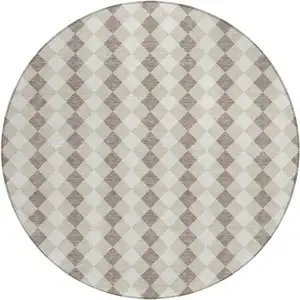 Photo of 8' Beige Taupe And Ivory Round Argyle Washable Indoor Outdoor Area Rug