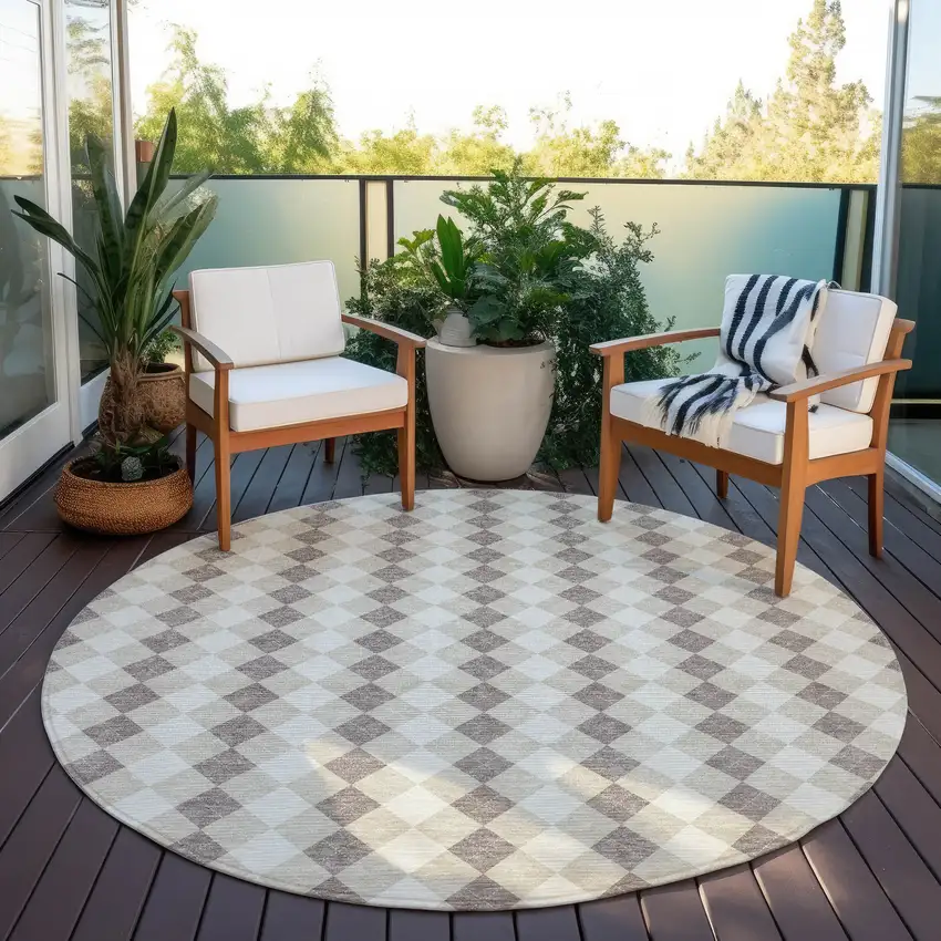 8' Beige Taupe And Ivory Round Argyle Washable Indoor Outdoor Area Rug Photo 5