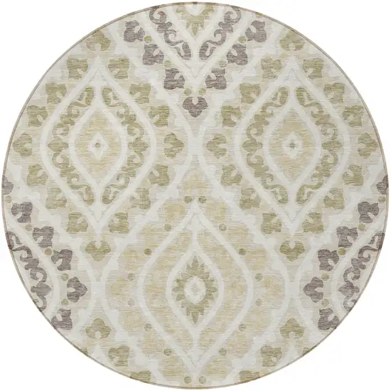 8' Beige Taupe And Ivory Round Floral Washable Indoor Outdoor Area Rug Photo 3