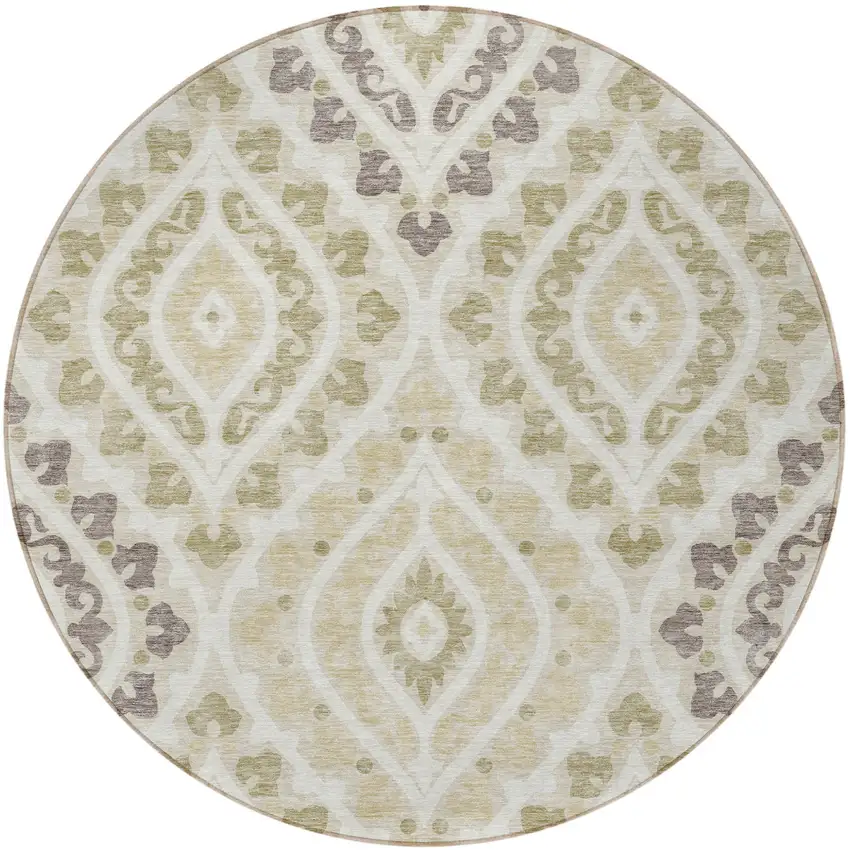 8' Beige Taupe And Ivory Round Floral Washable Indoor Outdoor Area Rug Photo 3