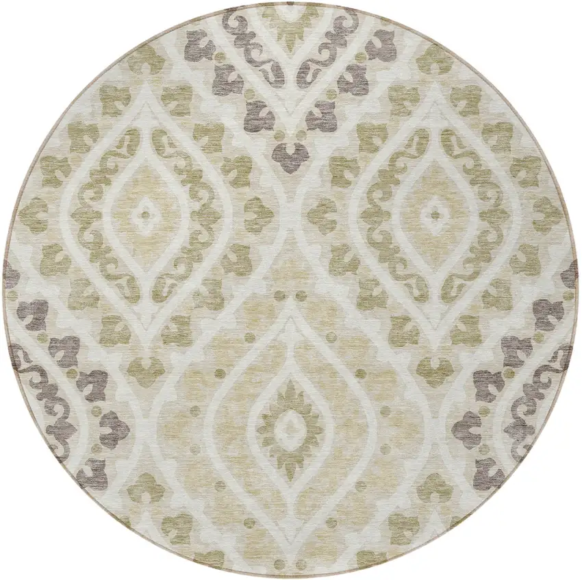 8' Beige Taupe And Ivory Round Floral Washable Indoor Outdoor Area Rug Photo 3
