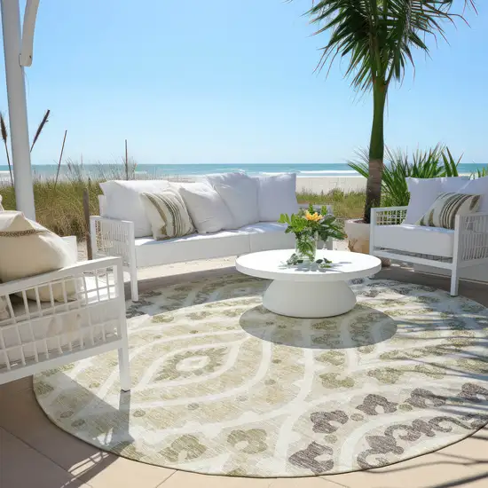 8' Beige Taupe And Ivory Round Floral Washable Indoor Outdoor Area Rug Photo 6