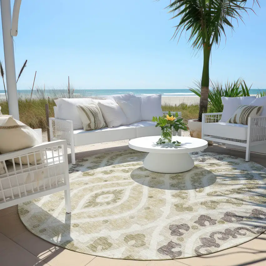 8' Beige Taupe And Ivory Round Floral Washable Indoor Outdoor Area Rug Photo 6