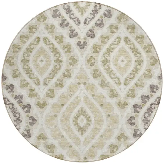 8' Beige Taupe And Ivory Round Floral Washable Indoor Outdoor Area Rug Photo 2