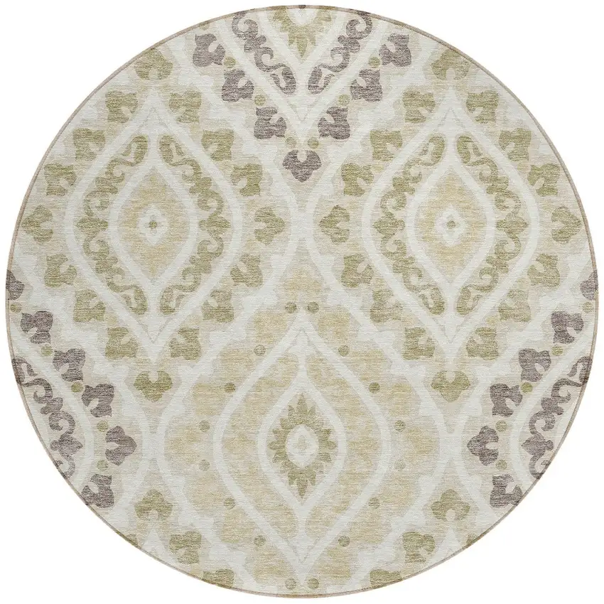 8' Beige Taupe And Ivory Round Floral Washable Indoor Outdoor Area Rug Photo 2