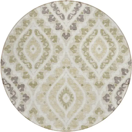8' Beige Taupe And Ivory Round Floral Washable Indoor Outdoor Area Rug Photo 1