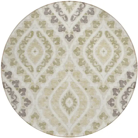 8' Beige Taupe And Ivory Round Floral Washable Indoor Outdoor Area Rug Photo 1