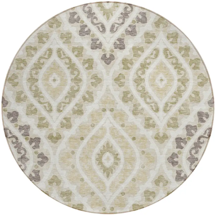 8' Beige Taupe And Ivory Round Floral Washable Indoor Outdoor Area Rug Photo 1