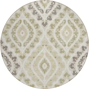 Photo of 8' Beige Taupe And Ivory Round Floral Washable Indoor Outdoor Area Rug