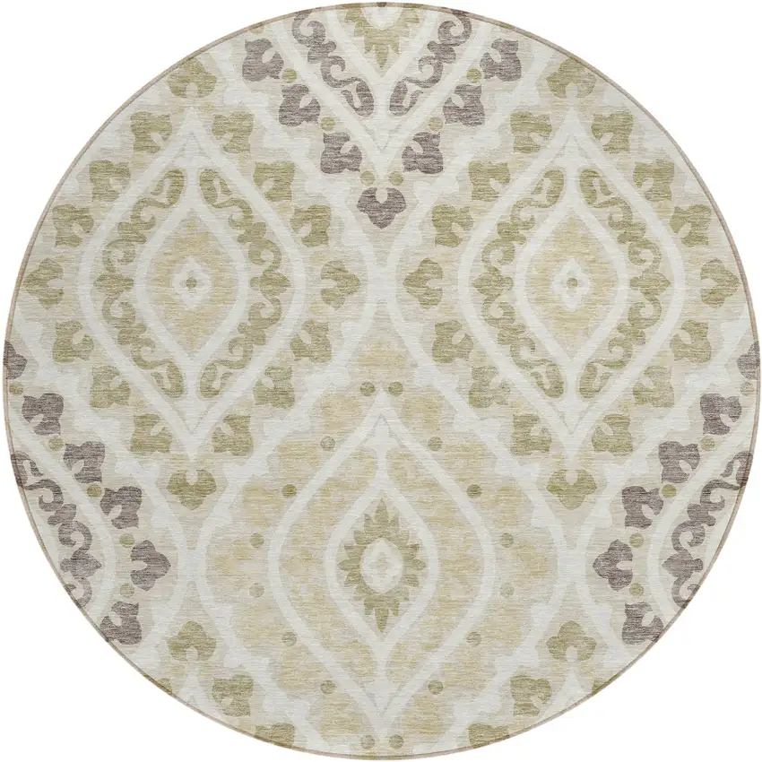 8' Beige Taupe And Ivory Round Floral Washable Indoor Outdoor Area Rug Photo 1
