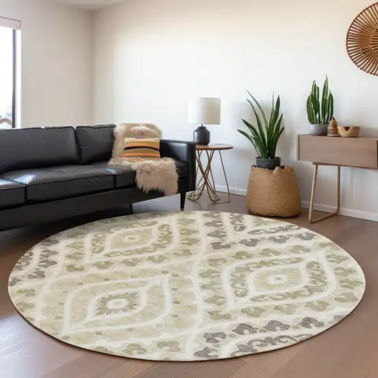 8' Beige Taupe And Ivory Round Floral Washable Indoor Outdoor Area Rug Photo 7