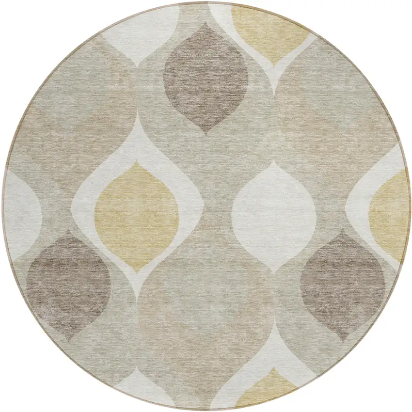 8' Beige Taupe And Ivory Round Ogee Washable Indoor Outdoor Area Rug Photo 1