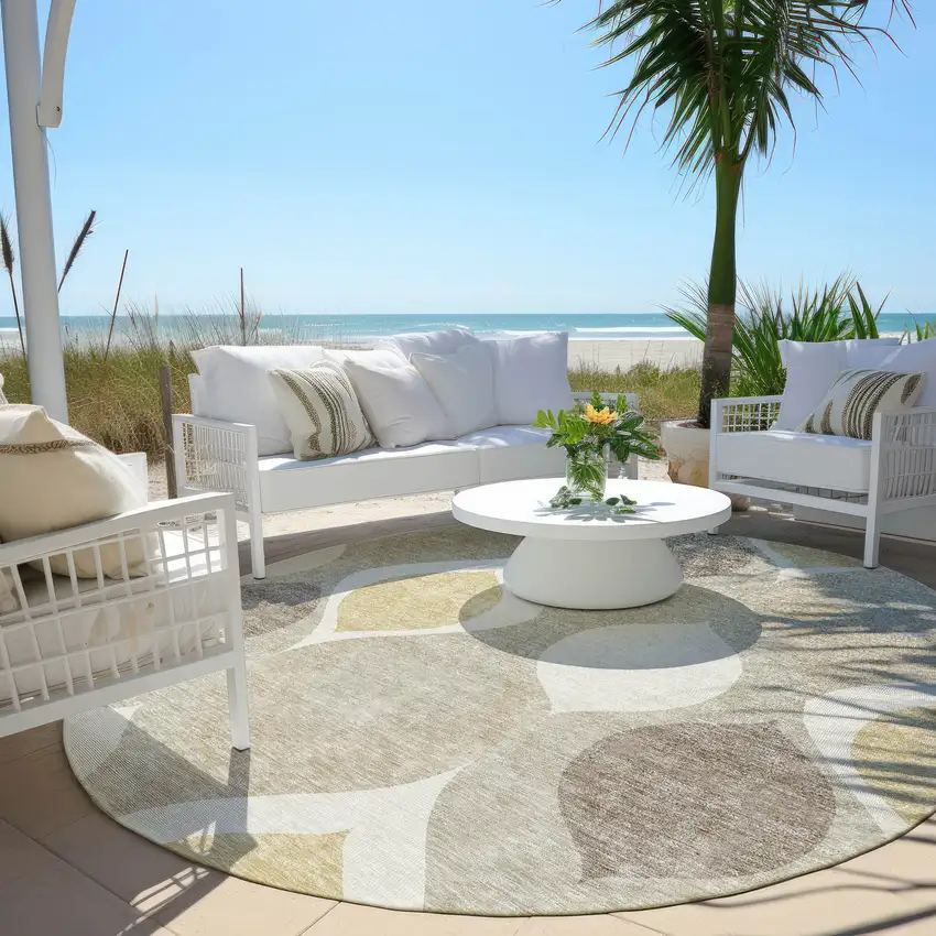 8' Beige Taupe And Ivory Round Ogee Washable Indoor Outdoor Area Rug Photo 6