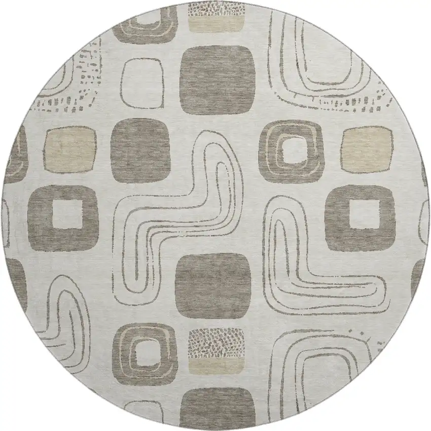 8' Beige Taupe And Khaki Geometric Washable Round Rug With UV Protection Photo 1