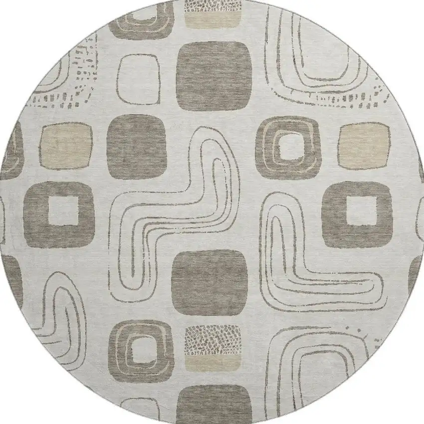 8' Beige Taupe And Khaki Geometric Washable Round Rug With UV Protection Photo 3