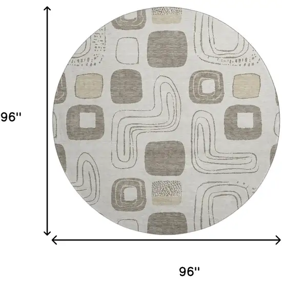 8' Beige Taupe And Khaki Geometric Washable Round Rug With UV Protection Photo 9