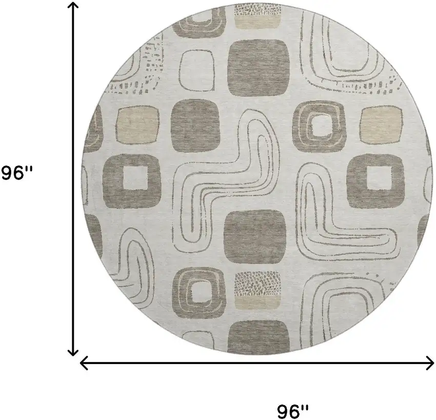 8' Beige Taupe And Khaki Geometric Washable Round Rug With UV Protection Photo 9