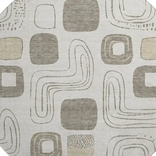 8' Beige Taupe And Khaki Geometric Washable Round Rug With UV Protection Photo 3