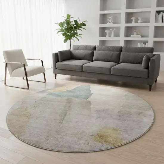 8' Beige Taupe And Lavender Abstract Washable Round Rug With UV Protection Photo 2