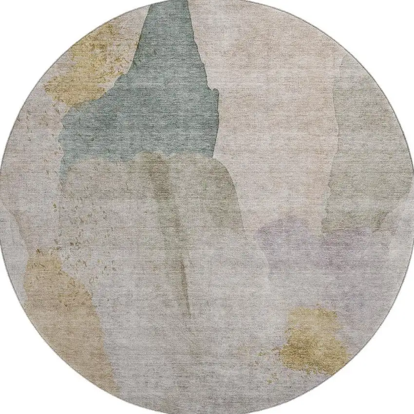 8' Beige Taupe And Lavender Abstract Washable Round Rug With UV Protection Photo 3