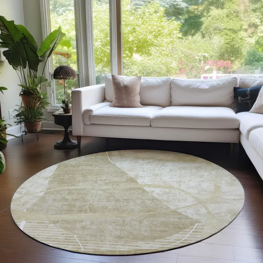 8' Beige Taupe And Tan Round Abstract Washable Indoor Outdoor Area Rug Photo 6
