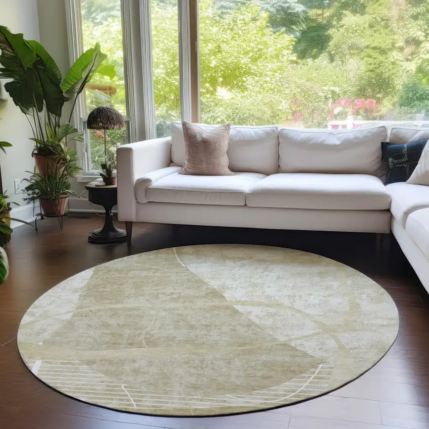 8' Beige Taupe And Tan Round Abstract Washable Indoor Outdoor Area Rug Photo 6