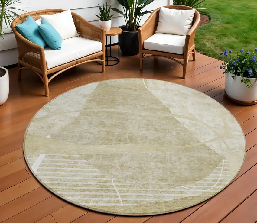 8' Beige Taupe And Tan Round Abstract Washable Indoor Outdoor Area Rug Photo 1