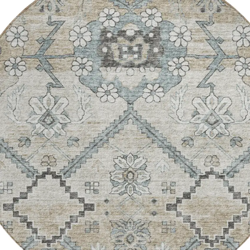 8' Beige Taupe And Tan Round Floral Washable Indoor Outdoor Area Rug Photo 5