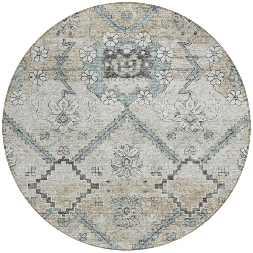 8' Beige Taupe And Tan Round Floral Washable Indoor Outdoor Area Rug Photo 6