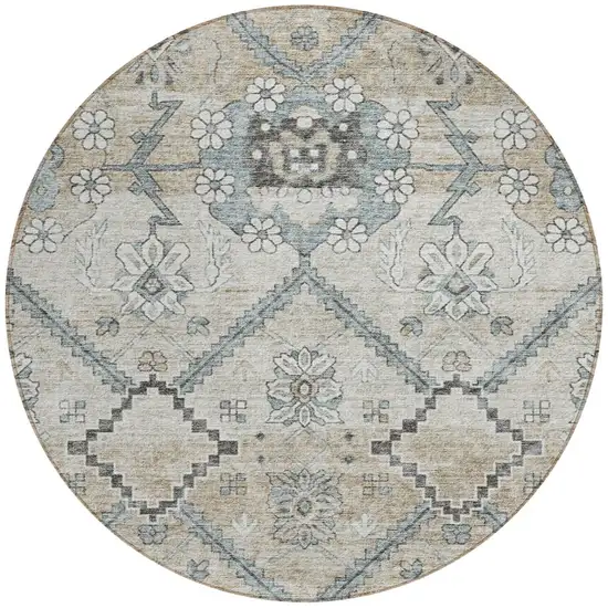 8' Beige Taupe And Tan Round Floral Washable Indoor Outdoor Area Rug Photo 6