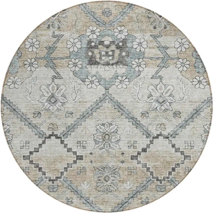 8' Beige Taupe And Tan Round Floral Washable Indoor Outdoor Area Rug Photo 2